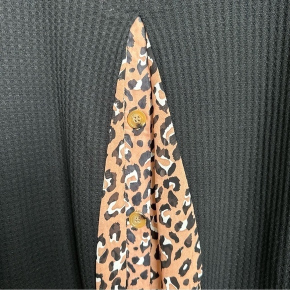 Umgee Tunic Waffle Knit Layered Look Black Brown Cheetah Leopard Long Sleeve - Picture 5 of 7